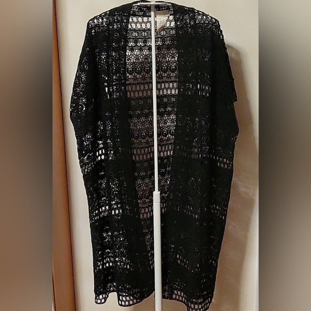 GOTTEX Crochet Open Front Coverup Black Size M